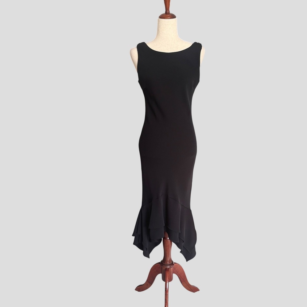 S.L. Fashions Vtg 90s Black Cowl Back Asymmetrical Ruffle Hem Midi Dress Sz 6